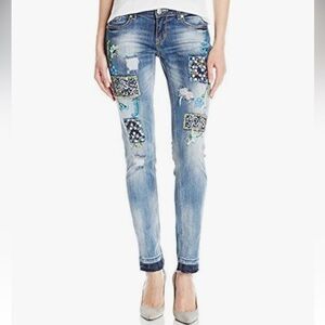 Grace in LA Distressed Embroidered Patchwork Skinny Jeans